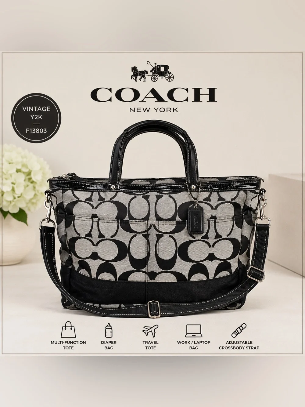 Coach F13803 Signature Stripe Travel Tote Bag w/ Crossbody Strap